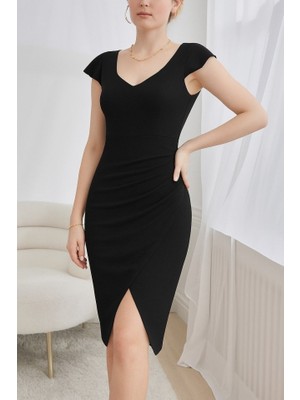 Etiler Collection Kadın Kısa Kollu Kalp Yaka Yanlardan Büzgü Detay Midi Janjan Krep Elbise