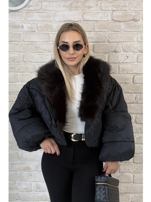 Muna Boutique Ithal Yakası Kürklü Crop Siyah Şişme Mont