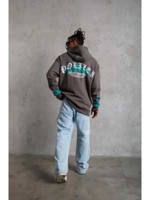 Flamex Erkek Üç Iplik Içi Pamuklu Alev Baskılı Kapüşonlu Sweatshirt - Gri