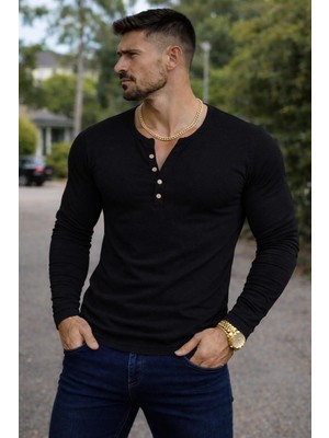 Bybülent Özel Üretim Uzun Kollu Henley Yaka Düğmeli Açık Geniş Yaka Tişört T-Shirt