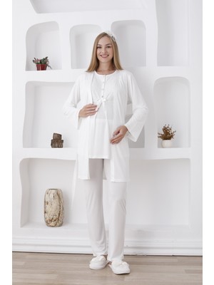 Erdeniz Tekstil Doğum Öncesi/doğum Sonrası Hamile-Lohusa Pijama Takımı-Emzirme Kolaylığı Sağlayan-Uzun Kollu-Sabahlıklı- 3’lü Set