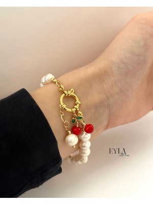 Eyla Collection Charmlı Gerçek İnci Bileklik - Gemici Düğümü & Kiraz Detay
