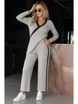 Flamex Kadın Uzun Kollu V Yakalı Çapraz Detaylı Şardonlu Kaşkorse Bluz ve Pantolon Ikili Takım