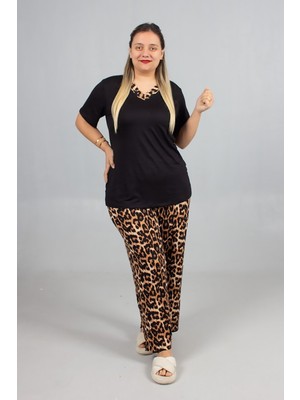 Truva Xxl Büyük Beden Leopar Alt Bol Paça & Siyah V-Yaka Üst Pijama Takımı – Yumuşacık Likralı Viskon