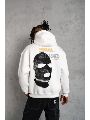 Flamex Erkek Kordonlu Maske Baskılı Kapüşonlu Sweat - Beyaz