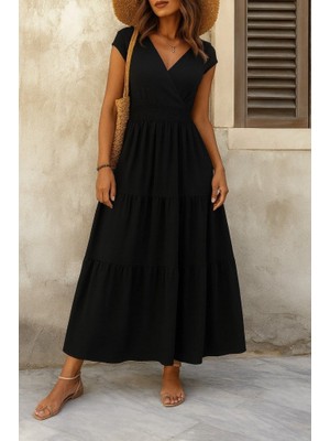 Flamex Kadın Kısa Kollu Kruvaze Yaka Beli Lastikli Süprem Maksi Boy Elbise