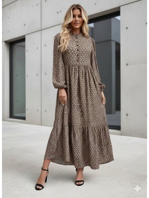 Flamex Kadın Uzun Kollu Hakim Yakalı Düğmeli Kemersiz Desenli Maxi Süprem Elbise