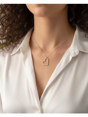 BG Jewellery Baget Taşlı Rose Kalp 925 Ayar Gümüş Kolye