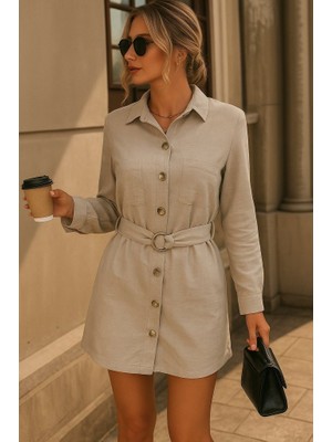 Flamex Kadın Uzun Kollu Yakalı Önden Düğmeli Beli Kuşaklı Mini Ithal Keten Elbise
