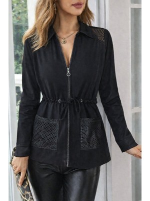 Flamex Kadın Uzun Kollu Önü Fermuarlı File Detaylı Belden Bağcıklı Kısa Modal Ceket