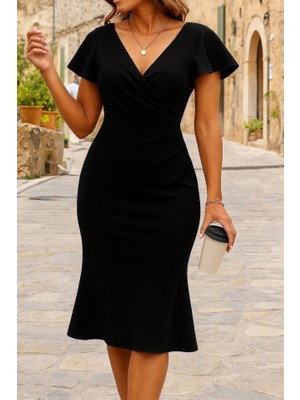 Flamex Kadın Kısa Kelebek Kollu Kruvaze Yaka Ithal Krep Midi Elbise