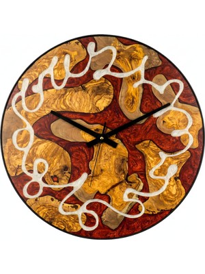 Wood Stone Art Epoks Zeytin Duvar Saati Ahşap Metal Çemberli Zeytin Ağacı Epoksi Duvar Saati