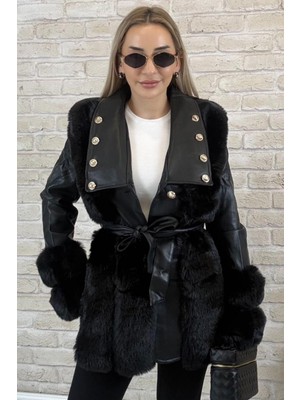 Muna Boutique Ithal Siyah Deri Kürk Detaylı Bağlamalı Kadın Ceket