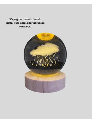 Sepetink 8 cm 3D Yağmur Bulutu Kristal Küre LED Gece Lambası Ahşap Standlı Tasarım Lamba