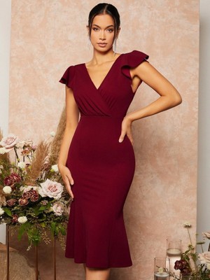 Flamex Kadın Kısa Kelebek Kollu Kruvaze Yaka Ithal Krep Midi Elbise