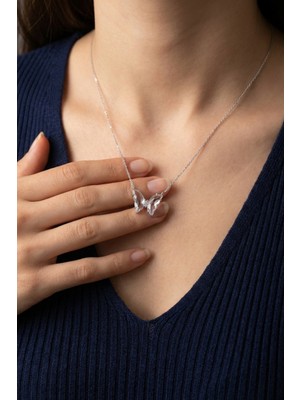 Parmas Design Kelebek Özel Kesim Beyaz Taşlı 925 Ayar Gümüş Kadın Kolye