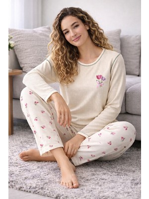 Mihra Bej Waffle Kumaş Lale Nakışlı Özel Seri Yumuşak Kışlık Kadın Pijama Takımı