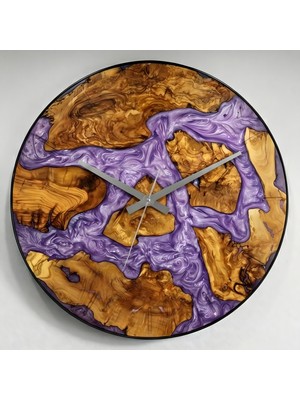 Wood Stone Art Epoksi Zeytin Lila Duvar Saati Ahşap Metal Çemberli Zeytin Ağacı Epoksi Duvar Saati