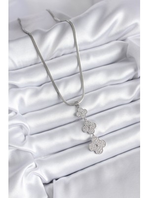 Calperia 316L Çelik Gümüş Renk Italyan Zincir Zirkon Taşı Yonca Model Kadın Kolye - TJ-BKO8152