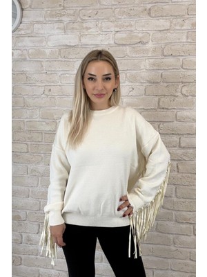 Muna Boutique Ithal Krem Kendinden Püsküllü Kadın Triko