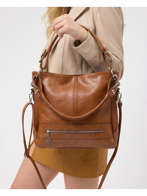 Kadın Yumuşak Deri Dokulu ve Çok Gözlü Geniş Omuz Çantası