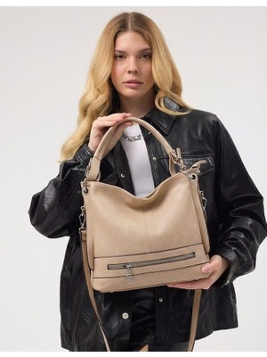 Kadın Yumuşak Deri Dokulu ve Çok Gözlü Geniş Omuz Çantası