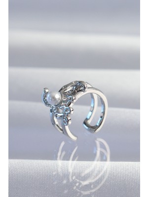 Calperia Pirinç Gümüş Renk Incili Ahtapot Earcuff Küpe - TJ-BKP9332