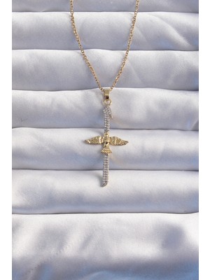 Calperia 316L Çelik Zincir Gold Renkli Zirkon Taşlı Kılıç Model Anka Kuşu Kolye - TJ-BKO8986