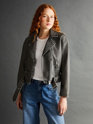 Lc Waikiki Yeni Sezon Biker Yaka Kadın Deri Görünümlü Ceket