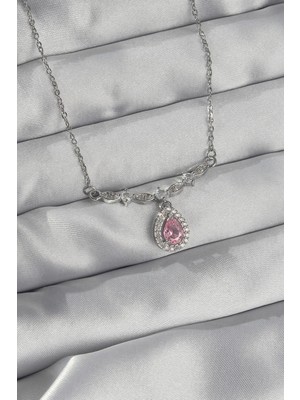 Calperia 316L Çelik Gümüş Renk Pembe Zirkon Taşlı Damla Kolye - TJ-BKO8919