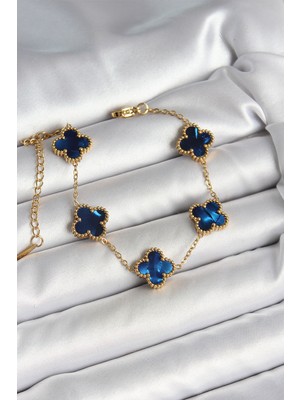 Calperia 316L Çelik Sedefli Lacivert Gold Renk Yonca Kadın Bileklik - TJ-BB6964