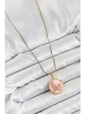 Calperia 316L Çelik Zincir Zirkon Taşlı Pembe Sanatsal Portre Inci Detaylı Kelebek Model Gold Renk Kadın Kolye - TJ-BKO10276