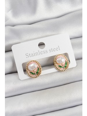 Calperia Pirinç Pembe Mineli Lale Figürlü Sanatsal Portre Model Gold Renk Kadın Küpe - TJ-BKP10672