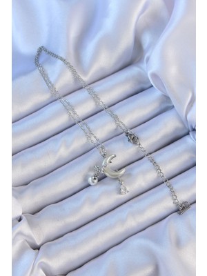 Calperia 316L Çelik Zincir Gümüş Renk Zirkon Taşlı Kelebekli Mineli Ay Kolye - TJ-BKO9094