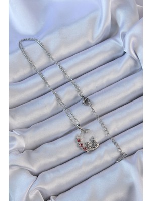 Calperia 316L Çelik Zincir Gümüş Renk Kırmızı Gül Detay Kedi Figür Zirkon Taşlı Ay Kolye - TJ-BKO9130