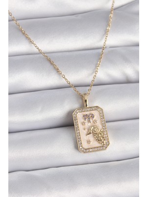 Calperia 316L Çelik Gold Renk Zincir Koç Burcu Zirkon Taşlı Kadın Kolye - TJ-BKO9462