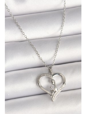 Calperia 316L Çelik Gümüş Renk Zincir Zirkon Taş Detaylı Kalp Model Kadın Kolye - TJ-BKO9854