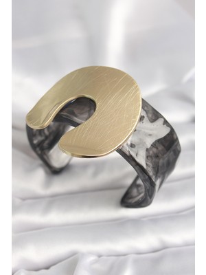 Calperia Siyah Mermer Desen Akrilik Plastik Gold Nal Model Plaka Vintage Kadın Bilezik - TJ-BB6677
