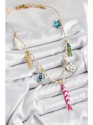 Calperia Seramik Motifli Pembe Balık Figürlü Model Krem Ip Kadın Kolye - TJ-BKO10398