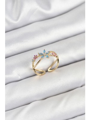 Calperia Pirinç Gold Renk Zirkon Taşlı Mavi Çiçekli Kadın Yüzük - TJ-BYK3834