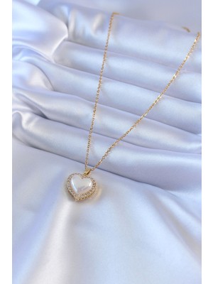 Calperia 316L Çelik Gold Renk Incili Kalp Model Zirkon Taşlı Kadın Kolye - TJ-BKO7566