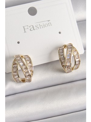 Calperia Pirinç Gold Renk Zirkon Taşlı Düğüm Halka Model Kadın Küpe - TJ-BKP9943