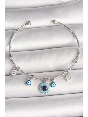 Calperia Pirinç Gümüş Renk Sallantı Zirkon Taşlı Nazar Boncuk Figür Charm Kadın Bileklik - TJ-BB6911