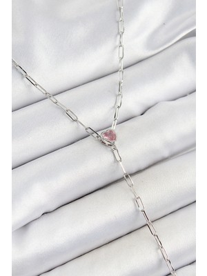 Calperia Pirinç Zirkon Taşlı Pembe Kalp Figürlü Y Model Gümüş Renk Kadın Kolye - TJ-BKO10319