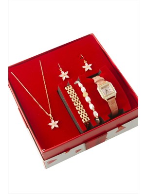 Bijuteri Net Çiçek Kayışlı Bayan Kol Saati ve Takı Seti Kombini