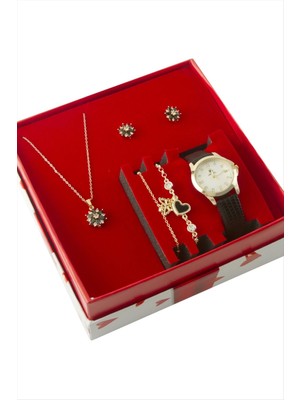 Bijuteri Net Kartanesi Kayışlı Bayan Kol Saati ve Takı Seti Kombini