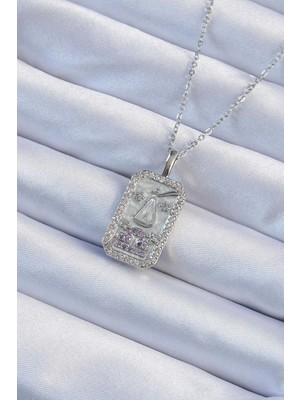 Calperia 316L Çelik Zincir Gümüş Renk Lila Zirkon Taşlı Tarot Kolye - TJ-BKO9238