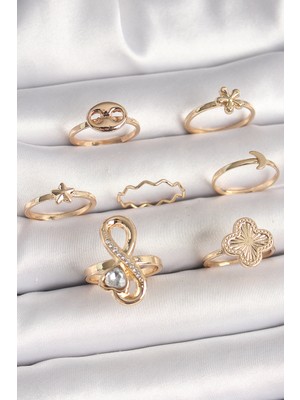 Calperia Pirinç Gold Renk Zirkon Taşlı Sonsuzluk Figür Yıldız Detay Kadın Yüzük Kombini - TJ-BYK3674