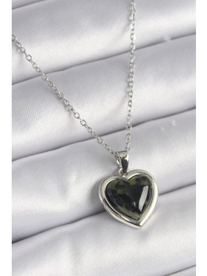 Calperia 316L Çelik Gümüş Renk Yeşil Mineli Kalp Model Kadın Kolye - TJ-BKO9526