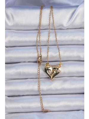 Calperia 316L Çelik Zincir Altın Renk Zirkon Taşlı Mıknatıslı Kalp Kolye - TJ-BKO9081